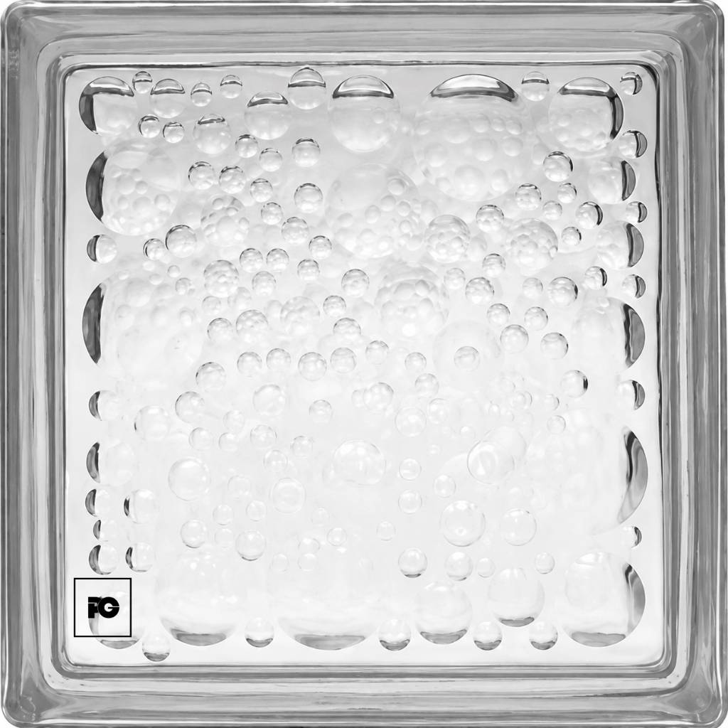 Close-up of a square glass dish filled with carbonated liquid and many bubbles, with a logo in the bottom-left corner.