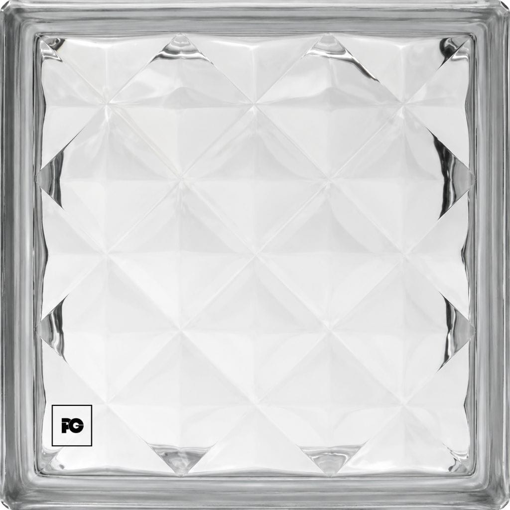 Decorative square glass dish with a faceted, diamond-patterned interior and a small FG logo in the bottom-left corner.