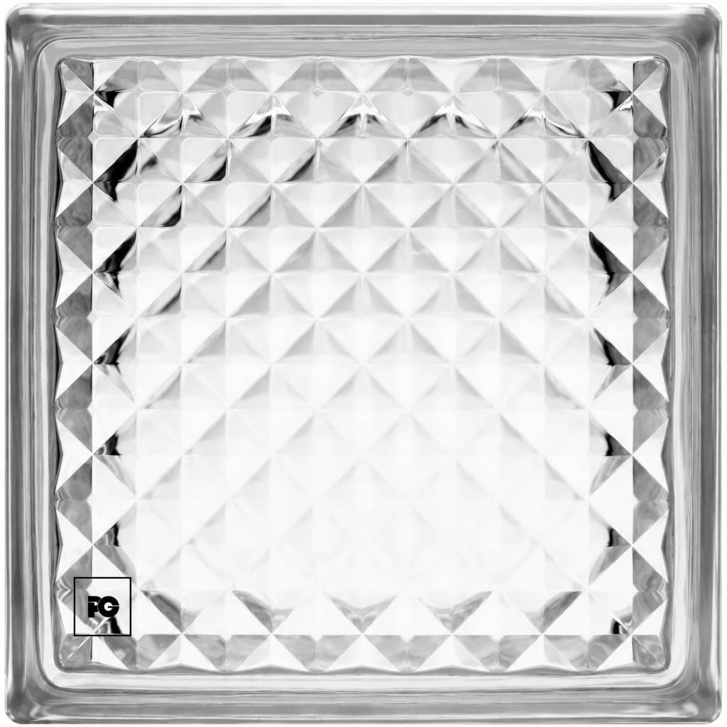 Close-up of a square glass tile with a repeating diamond facet pattern and beveled edges; small logo in the lower-left corner.