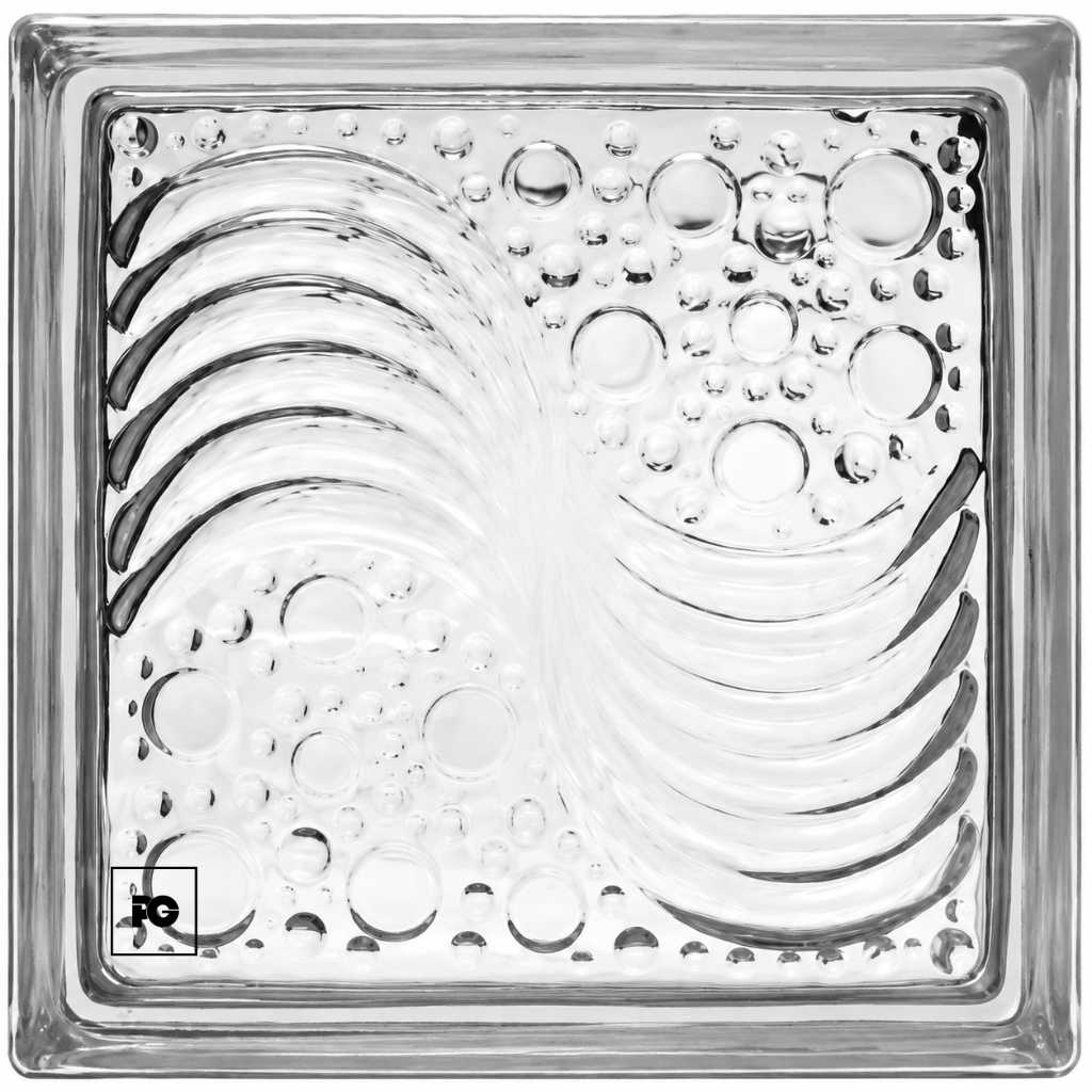 Close-up of a square glass dish with bubbles and curved grooves creating an abstract pattern.
