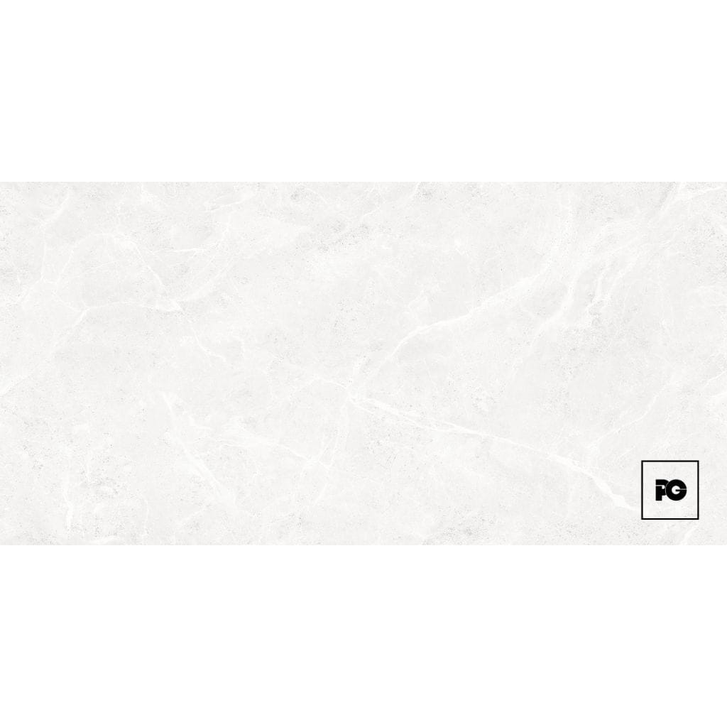 White marble-textured background with faint gray veins and a small black-outlined square logo containing 'PG' in the bottom-right corner.