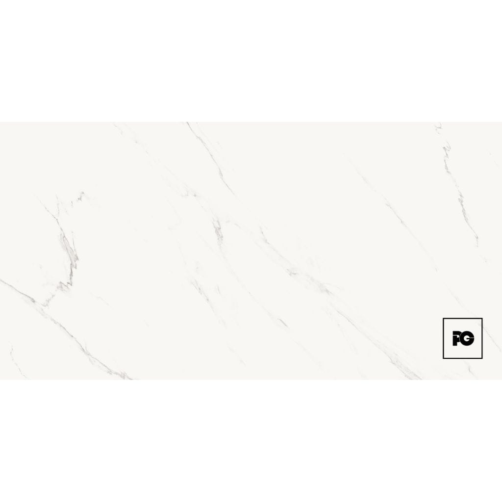 White marble background with subtle gray veins and a small black PG logo in a square bottom-right corner.