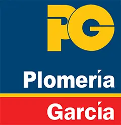 Logo for fg plomería garcía: yellow fg on blue, a yellow divider, and garcía in white on a red band.