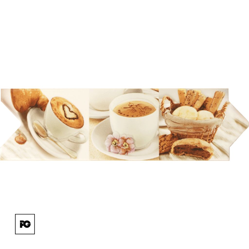 Three-panel banner showing coffee and pastries: left - croissant and cup with heart latte art; center - cup of coffee with flower decoration; right - basket of biscuits and pastries on a striped tablecloth. PG logo bottom-left.