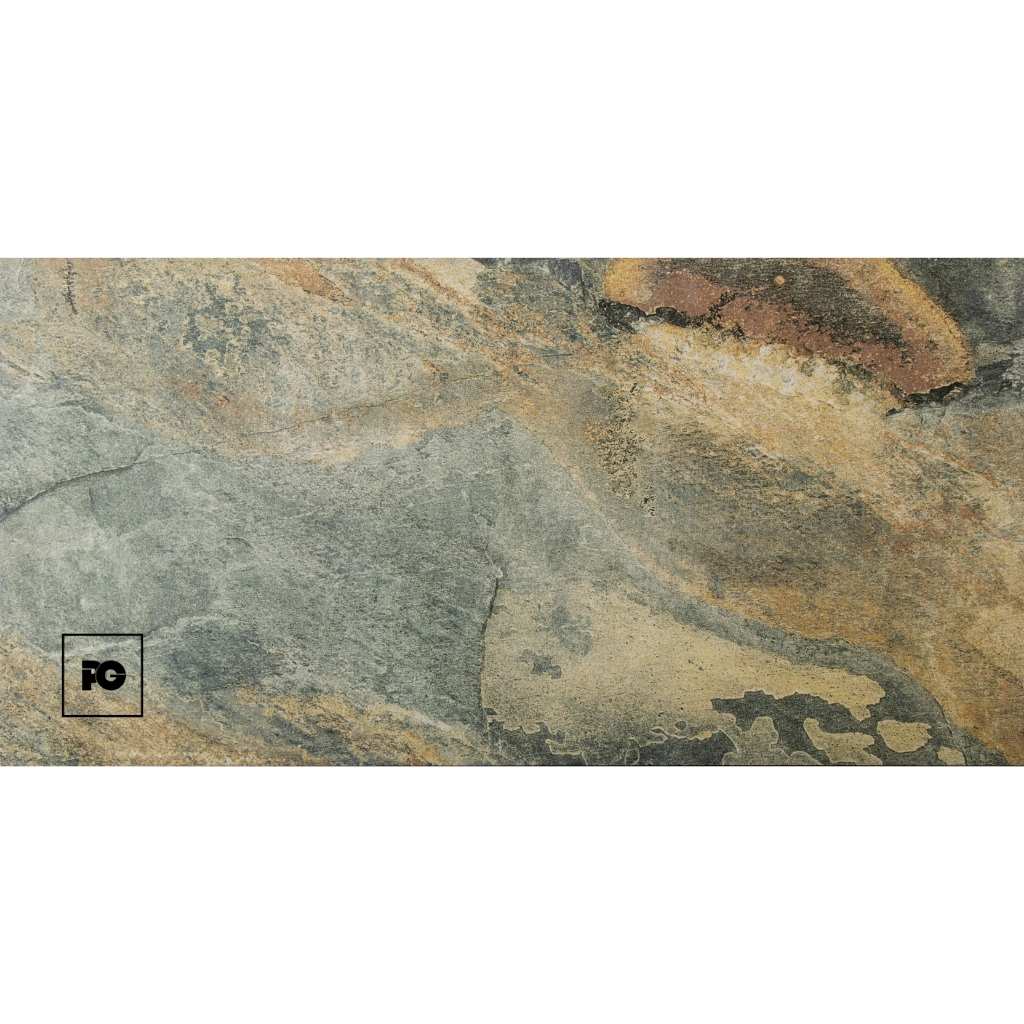Texture of weathered rock with gray, brown, and orange hues and an FG logo in the bottom-left corner.