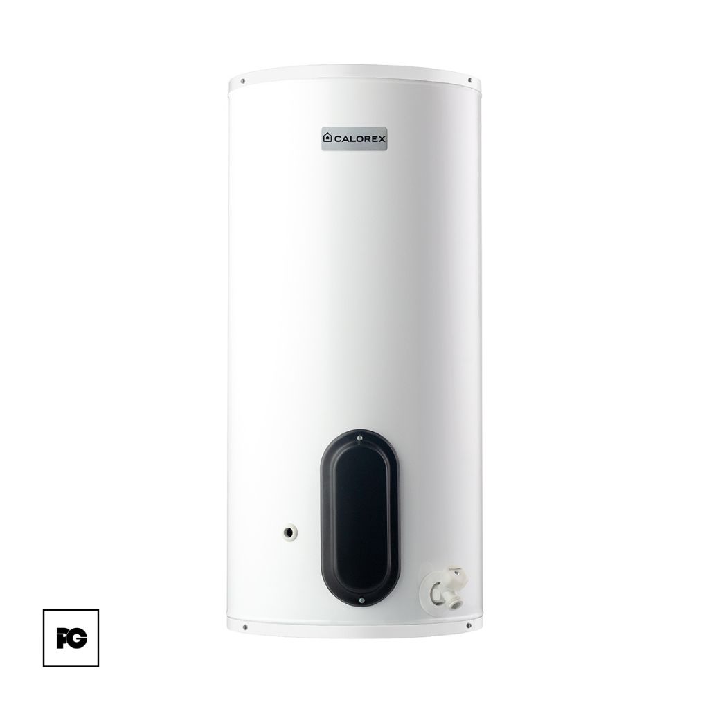 White tall storage water heater with a black oval access panel near the base and a Calorex logo above it.