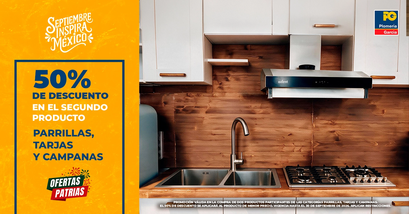 Publicidad naranja que anuncia 50% de descuento en el segundo producto: parrillas, tarjas y campanas, con cocina de fondo.